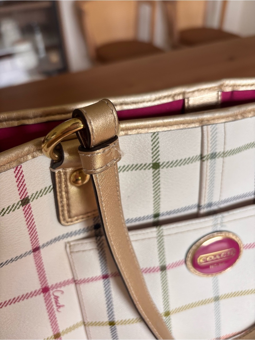 Coach White Plaid Tote with Gold Accents - Picture 6 of 15
